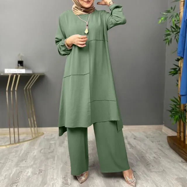 Plus Size Women's Solid Color Shirt Round Neck Elastic Cuff Top With Asymmetrical Hem & Wide Leg Pants Set Green - Shop at LoveMi