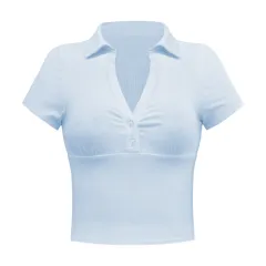 Fashion Summer Women's Retro Chic Waist Shirt - Blue - View 1