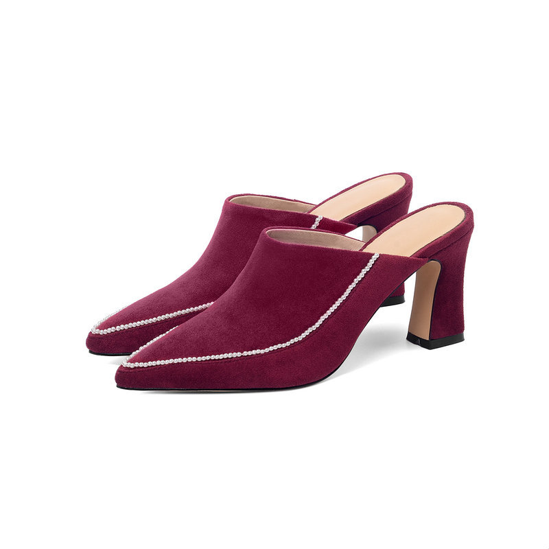 Baotou Half Slippers Women's Outer Wear Half Support Thick heeled High heeled Shoes All match Pointed Toe Wine - Shop at LoveMi