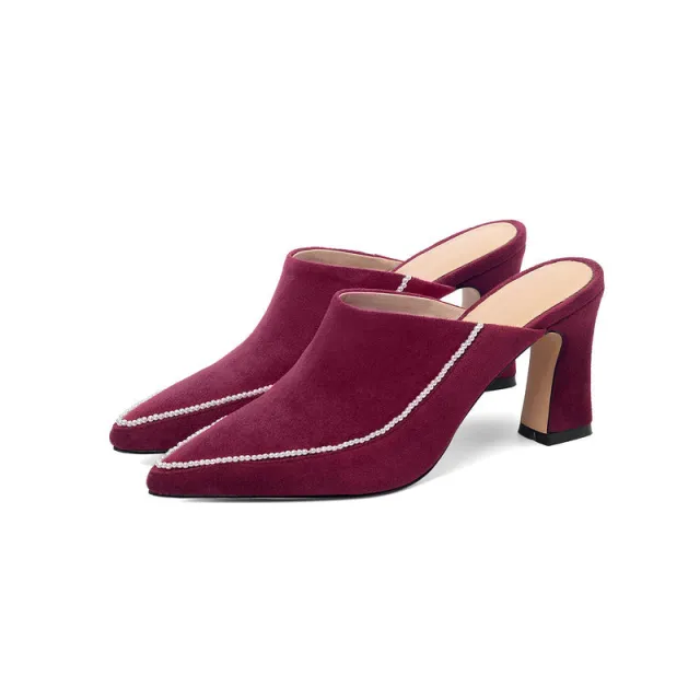 Baotou Half Slippers Women's Outer Wear Half Support Thick heeled High heeled Shoes All match Pointed Toe Wine - Shop at LoveMi