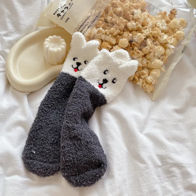 Womens Thickened Winter Warm Coral Fleece Japanese Mid Tube Socks Grey And White Dog - Shop at LoveMi