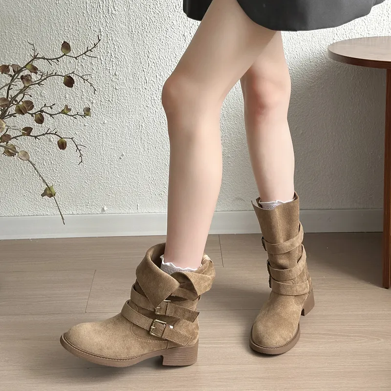 Vintage Belt Buckle Slouchy Boots Women 2026
