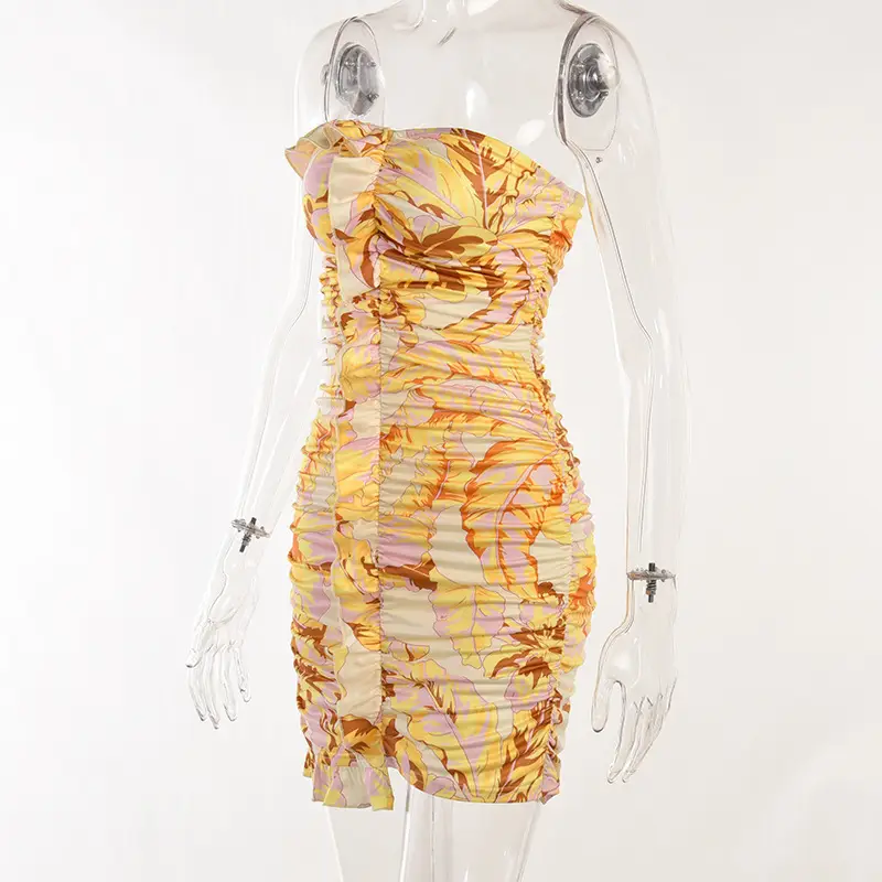 Fungus Edge Gathered Print Sexy Tight-fitting Fashion Waist Tube Top Dress