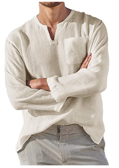 Long Sleeve V-neck Casual Beach Linen Shirt
