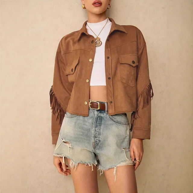 Women's Solid Color Shoulder Down Long Sleeved Tassel Trimmed Casual Jacket Brown - Shop at LoveMi