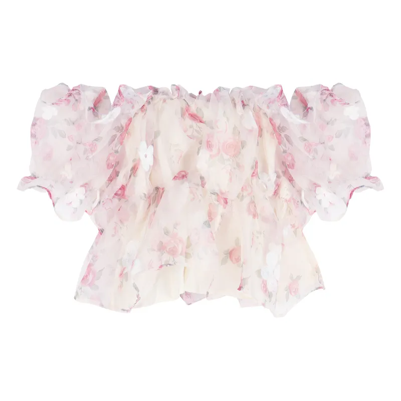 Sweet Floral Short Sleeved Chiffon Shirt Women's Summer French Shoulder - Pink