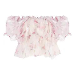 Sweet Floral Short Sleeved Chiffon Shirt Women's Summer French Shoulder - Pink - View 1