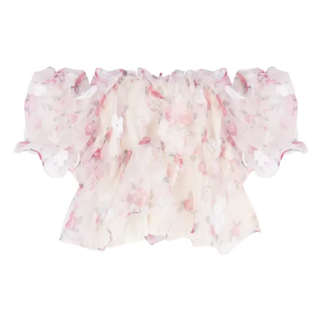 Sweet Floral Short Sleeved Chiffon Shirt Women's Summer French Shoulder Pink - Shop at LoveMi