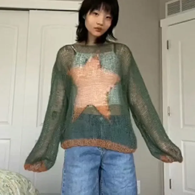 Round Neck Pullover Knit Haimao Star Sweater Army Green - Shop at LoveMi
