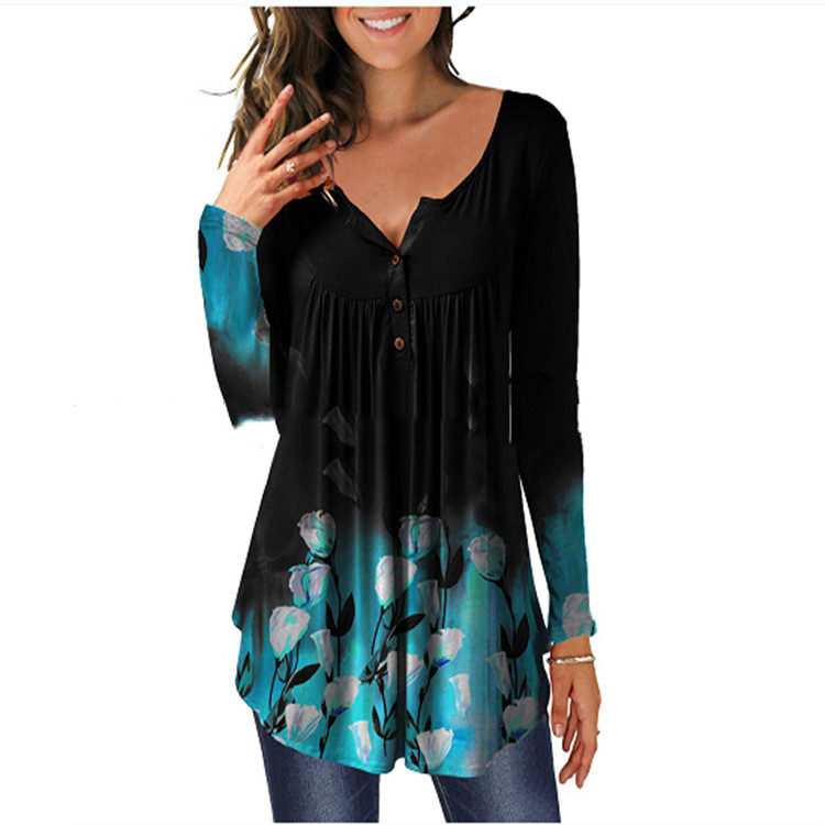 Women's Fashionable Pleated Digital Positioning Printing Top