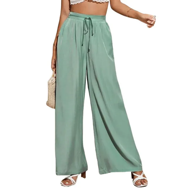 Women's High Waist Solid Color Elastic Waist Tie Loose Wide Leg Pants Green - Shop at LoveMi