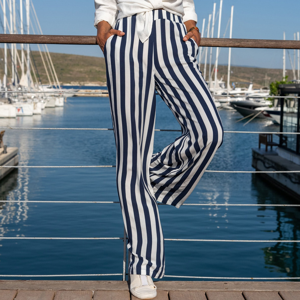 Cotton And Linen Striped Women's Trousers White Bottom Casual Loose Straight-leg Pants