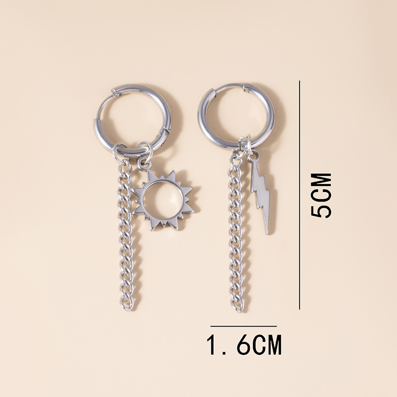 Hip Hop Stainless Steel Asymmetric Earrings Fashion Silver Sun Lightning Charm Metal Tassel Earrings For Women Men