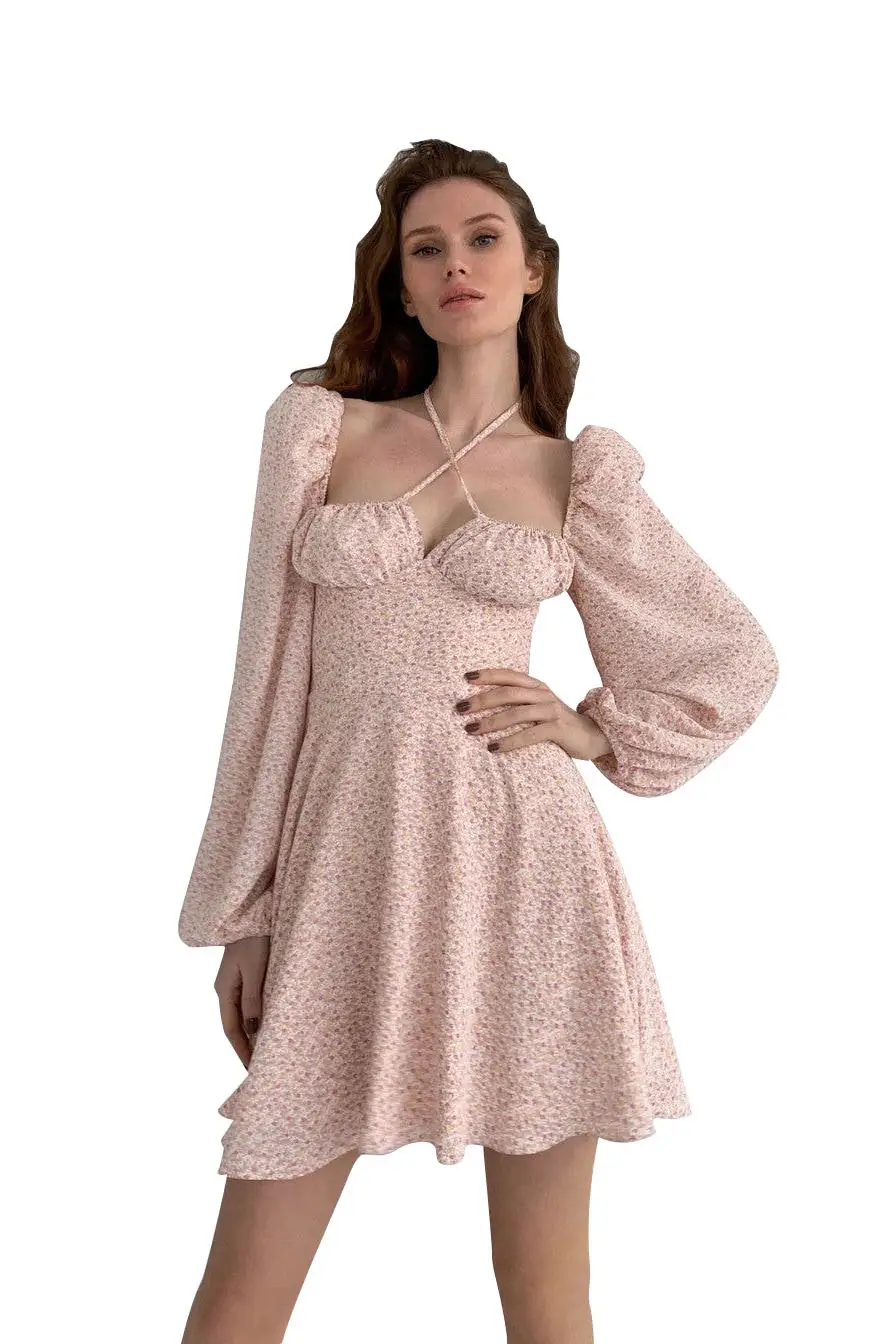 Women's Elegant Puff Sleeve Floral Lace-Up Dress