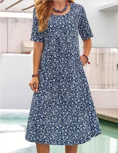Pocket Short Sleeve Casual Midi Shirt Dress - Blue - View 1