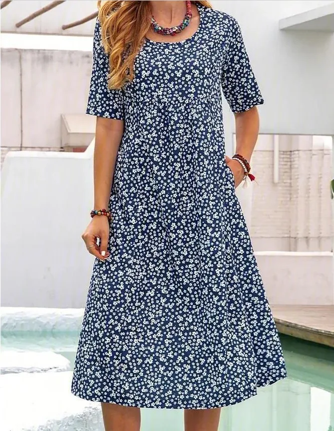 Pocket Short Sleeve Casual Midi Shirt Dress - Blue