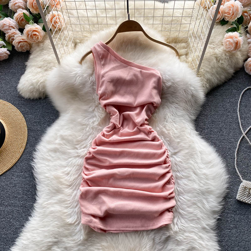 Women's Slanted Shoulder Tube Top Pleated Solid Color Dress - 13