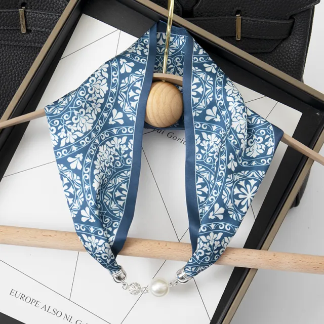 Magnetic Buckle Pearl Lazy Little Silk Scarf Female Neck Protection Decoration Blue - Shop at LoveMi