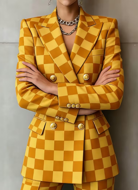 Retro Geometric Double-breasted Suit Jacket For Women, Long-sleeved, Slim Fit, Suitable For Commuting.