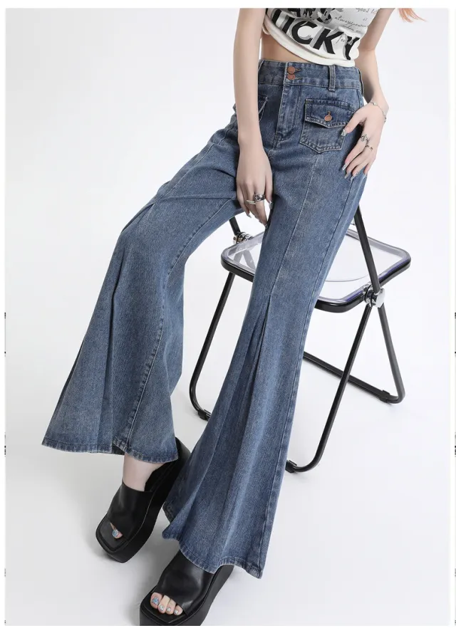High Waist Double Buckle Stitching Wide Leg Skinny Jeans For Women Lengthened Vintage Blue - Shop at LoveMi