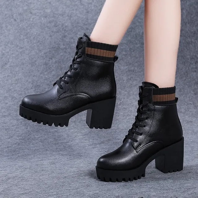 Women's Round Toe Lace Up Chunky High Heel Solid Color All match Ankle Boots Khaki - Shop at LoveMi