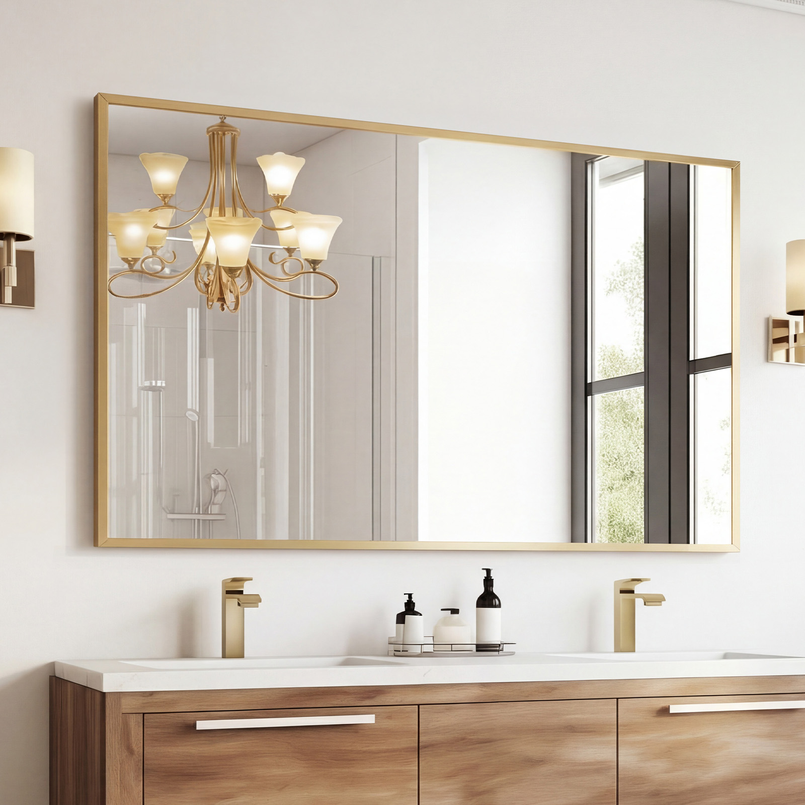 Above The Countertop, There Is A Rectangular Wall-mounted Bathroom Mirror With A Metal Frame And Made Of Tempered Glass. image 4