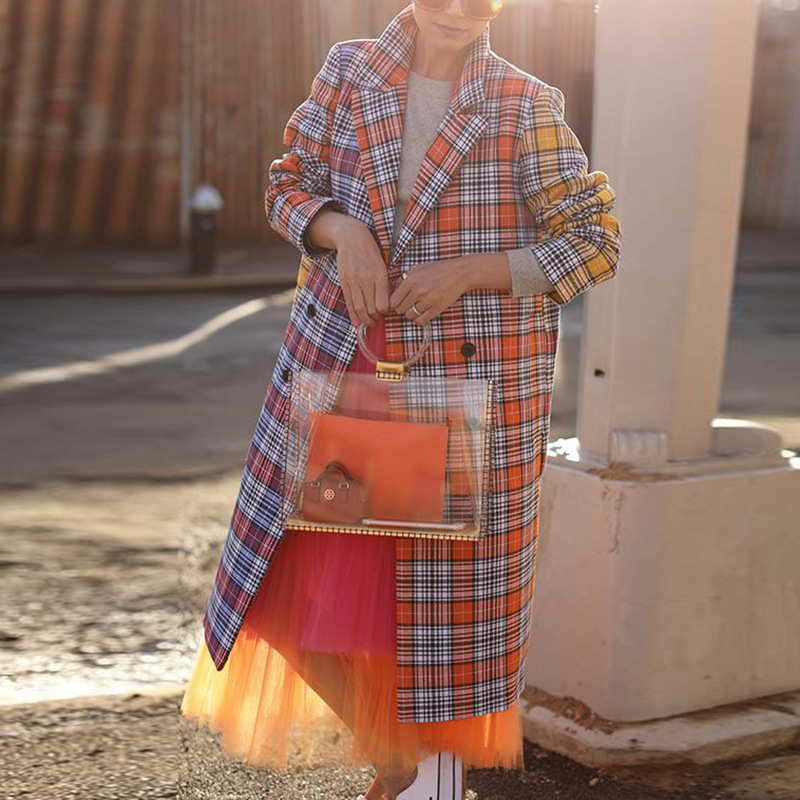 European And American Plaid Lapel Casual Fashion Long Coat