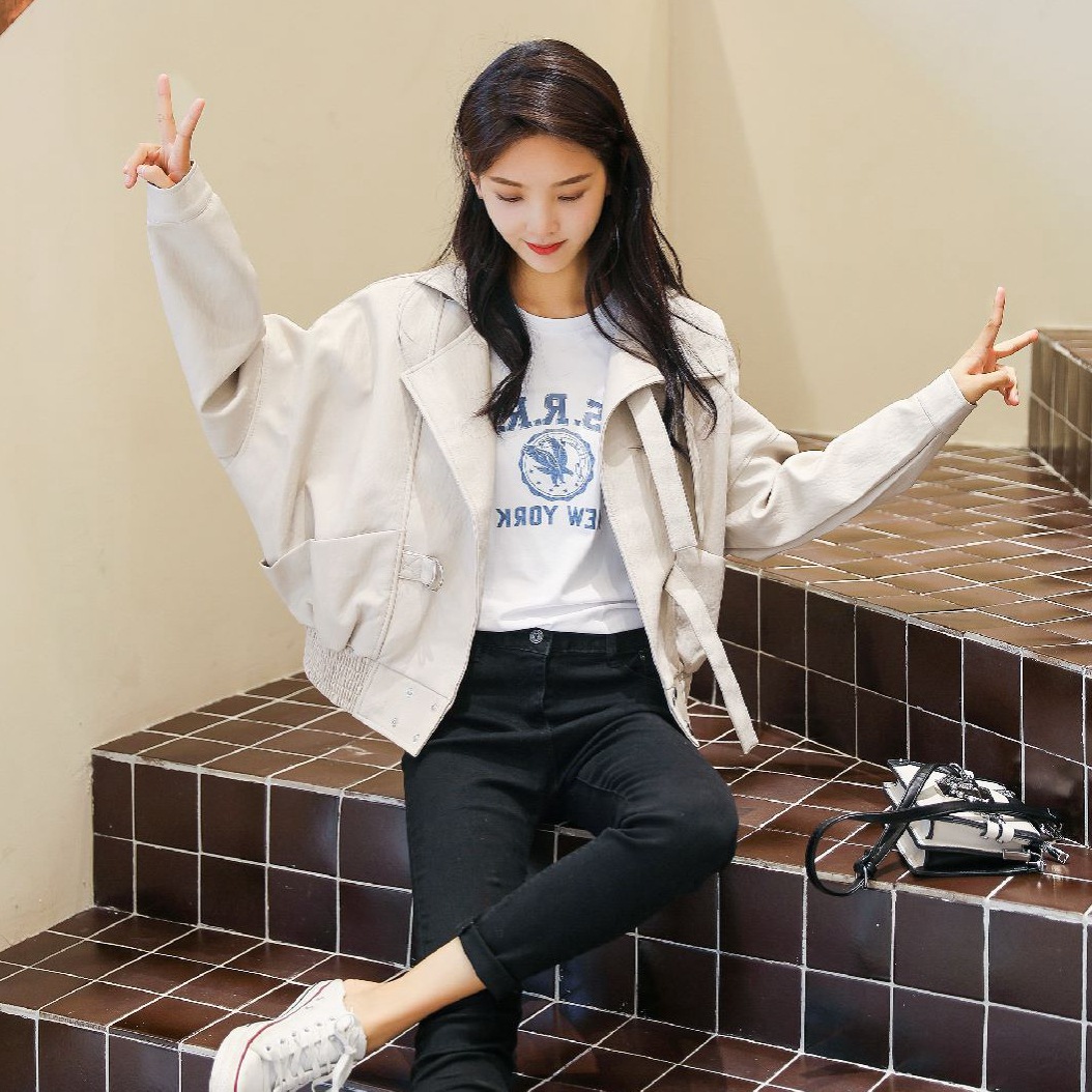 Leather Clothing All-match Beige Loose Motorcycle Jacket