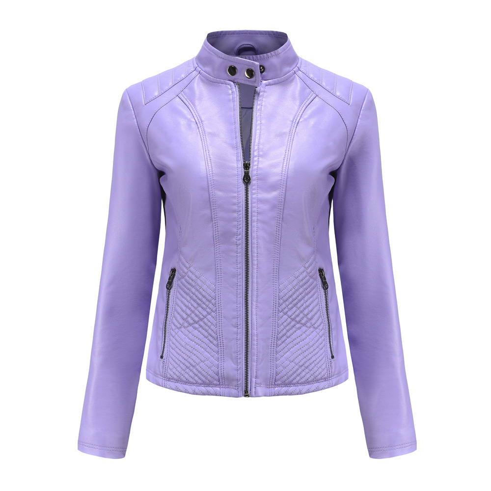 Autumn And Winter Casual Leather Coat Long sleeved Motorcycle Jacket Lavender - Shop at LoveMi