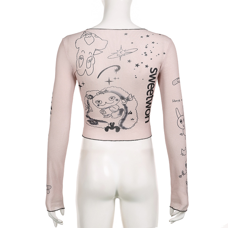 Girl's Dopamine Wear Cartoon Print Slim Fit Slimming Long Sleeves Mesh Top