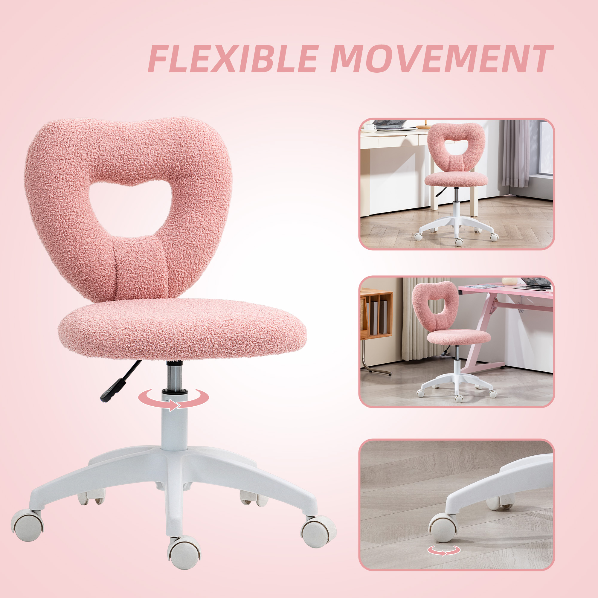 Armless Heart-shaped Computer Desk And Chair, Teddy Velvet Rotating Office — image 7
