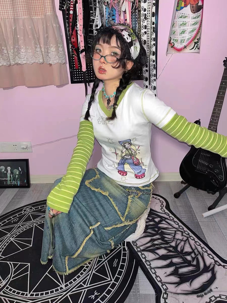 American Retro Striped Stitching Fake Two-piece T-shirt