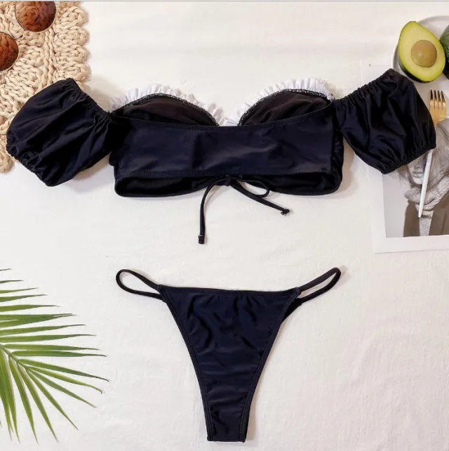 Solid Flash Short sleeved Split Cut out Bikini Black - Shop at LoveMi
