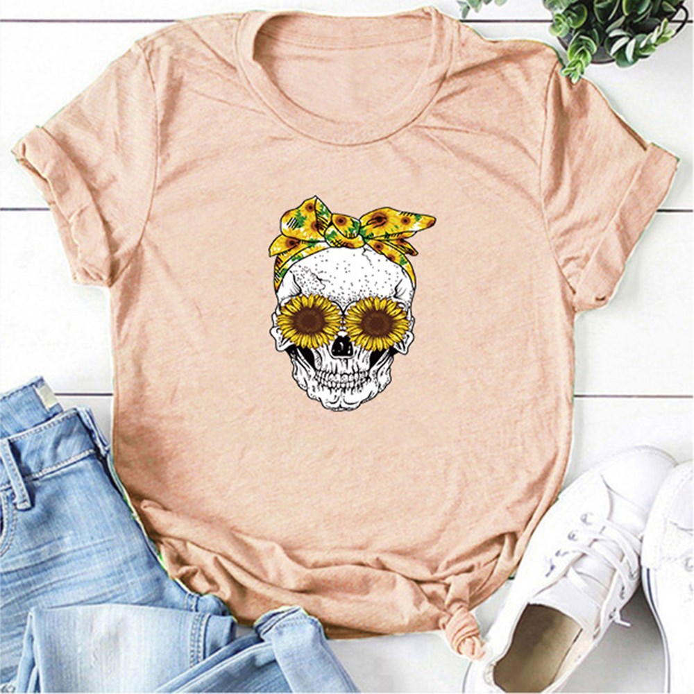 Bandana Sunflower Sunglasses Skull Print Short Sleeve T-shirt