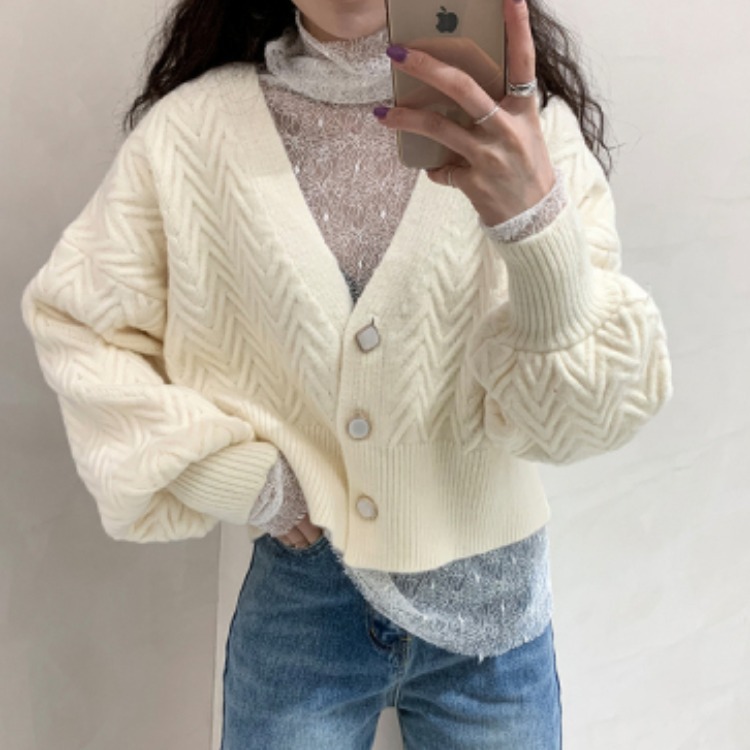 Single-breasted Lantern Sleeve Knit Cardigan Women