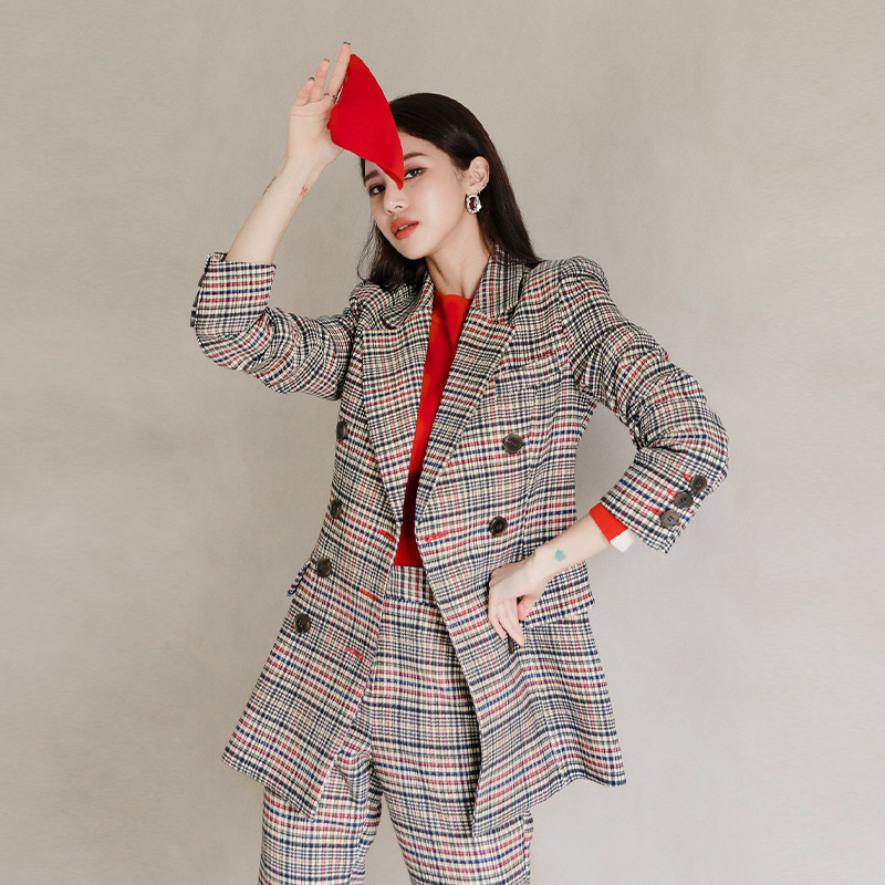 Ladies Autumn Double-breasted SlimHigh Waist Straight Pants Mixed Color Plaid Suit