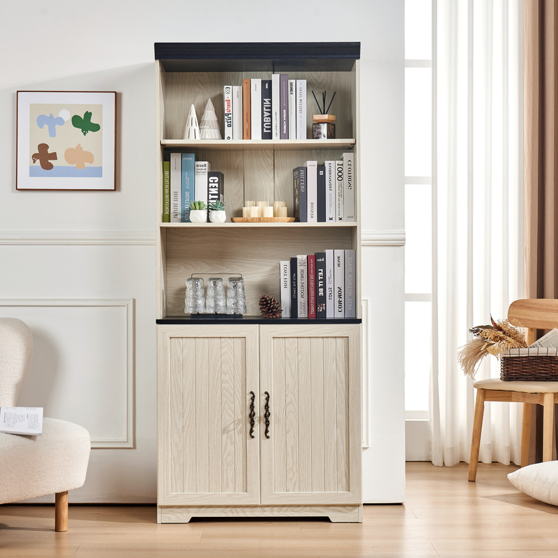 70.86in Tall Storage Cabinet, 5-Tier Cube Display W Adjustable Shelves & Barn Doors, MDF Freestanding Bookshelf For Bedroom Living Room Kitchen Pantry Bar