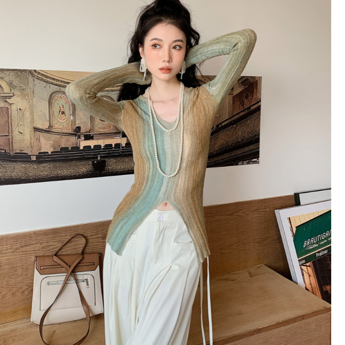 New Style Tapered Tie Dyed Vertical Stripe Sweater For Women