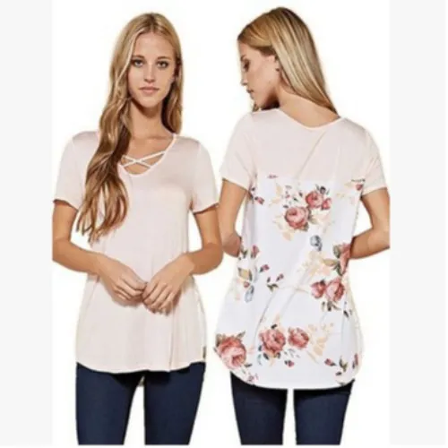 Women's Printed Patchwork Short Sleeved Loose Fitting Pink - Shop at LoveMi