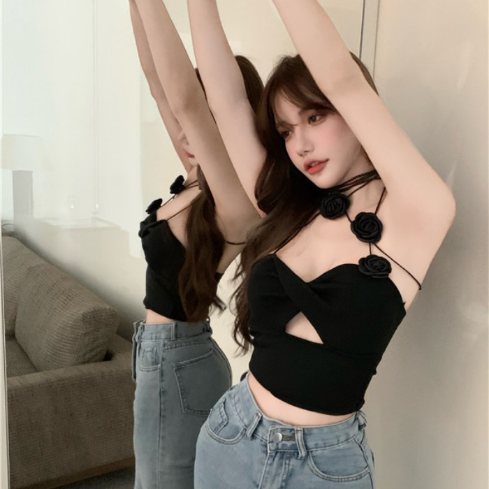 Women's Black Tight Halterneck Rose Suspender Summer Top