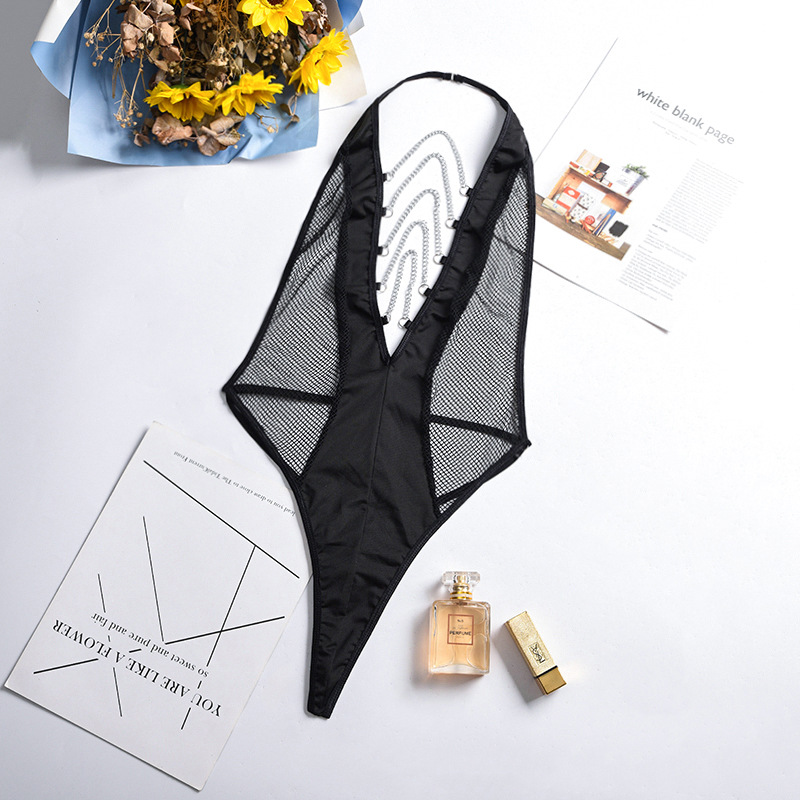 Metal Chain Sling Half See-through V-neck Body Shaping Bodysuit