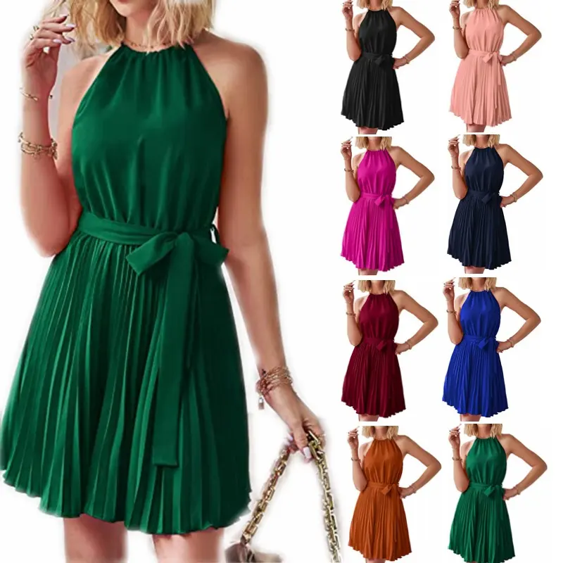 Halter Strapless Dresses for Women Solid Pleated Skirt Summer
