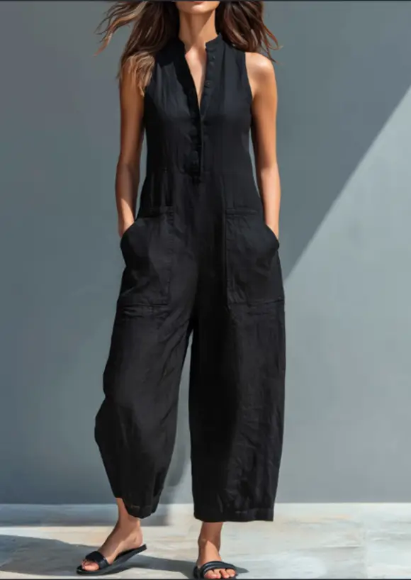 2026spring And Sunmmer Stand Up Collar Sleeveless Cotton And Linen Lantern Nine Piece Jumpsuit