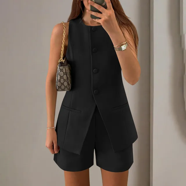 Women's Summer Short Sets Sleeveless Crew Neck Suit Vest Tops High Waist Shorts Business Outfits Black - Shop at LoveMi