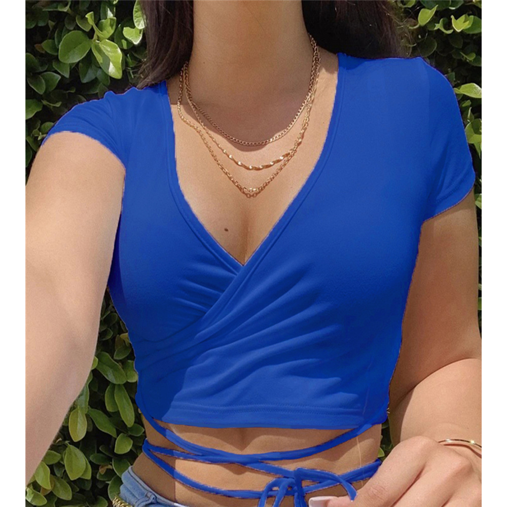 Summer European And American New Style Women's Stand-alone Fashion Sexy Solid Color V-neck Short-sleeved Tie Small T-shirt