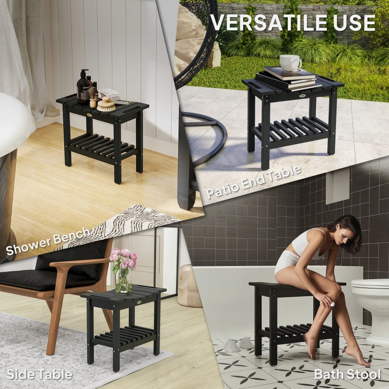 HDPE Shower Bench, Waterproof Shower Stool With Handle, Storage Shelf, Non-Slip Pads For Indoor Outdoor, Black