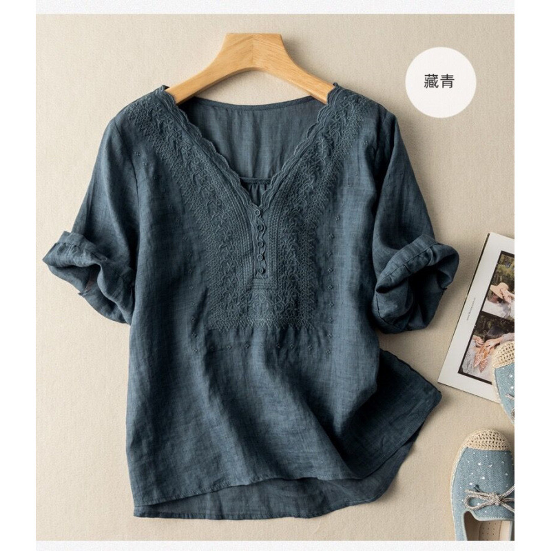 V-Neck Embroidered Linen Cotton Blend Short Sleeve Blouse