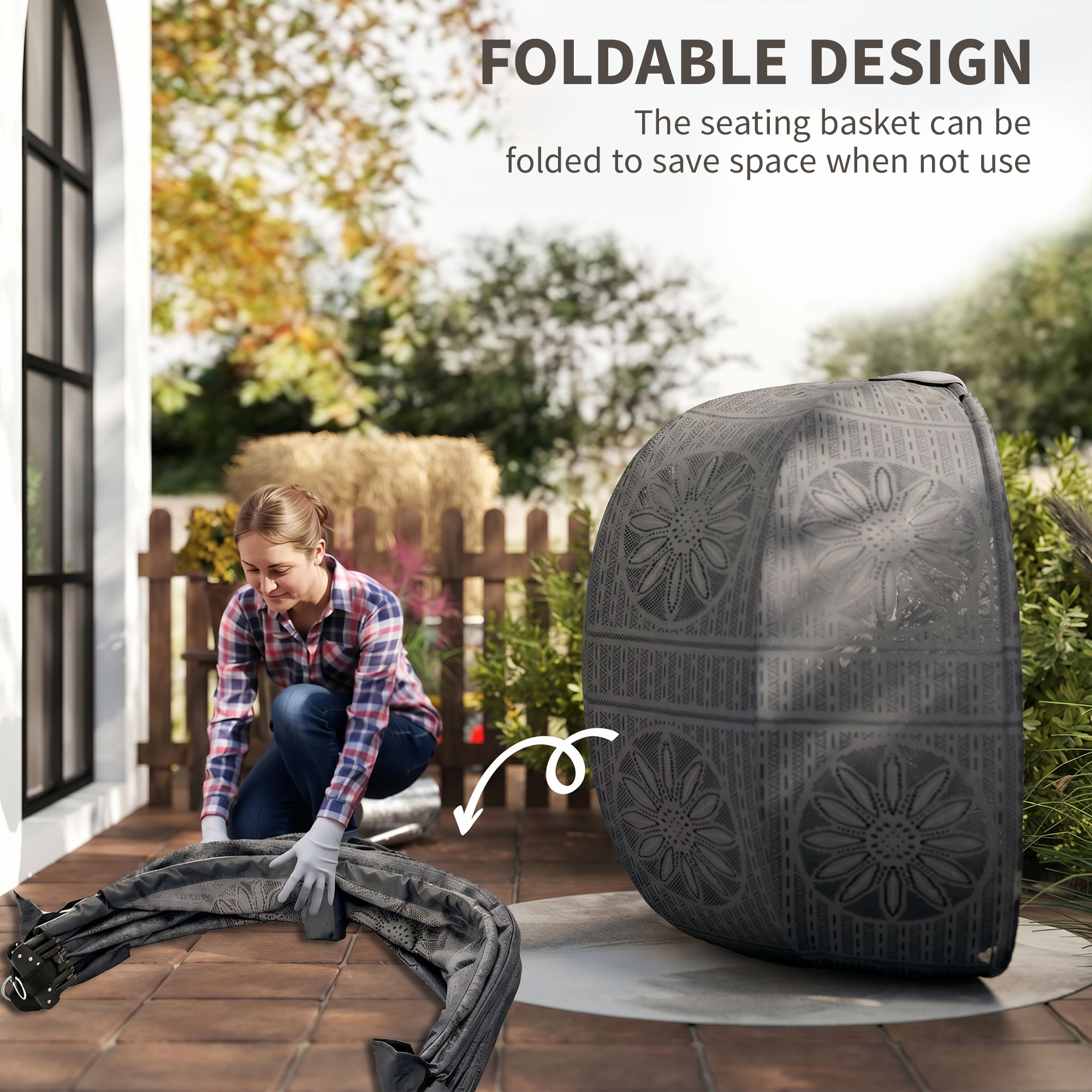 Round Egg Basket Chair With Steel Bracket, Charcoal Gray — image 2