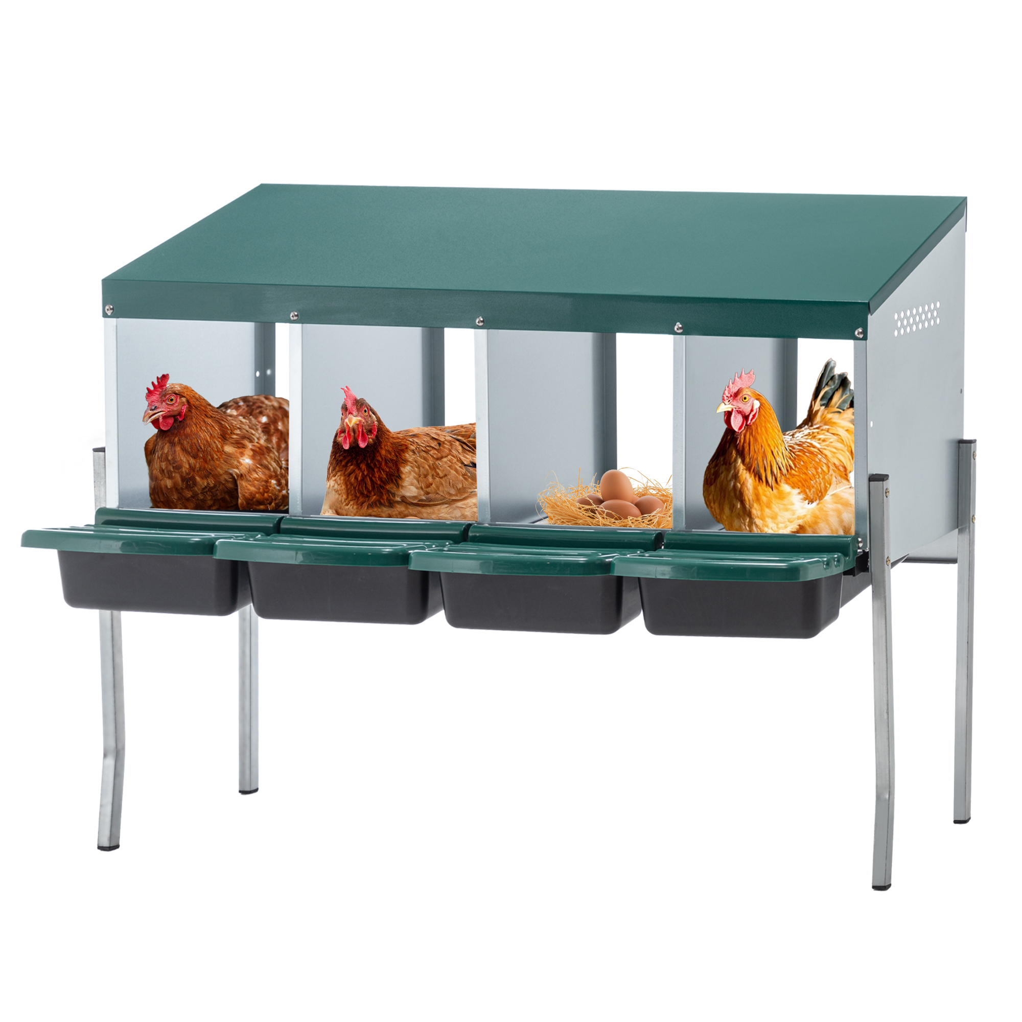 4-grid Egg Laying Box For Chickens, Green Version - Including Support Legs And Egg Guards