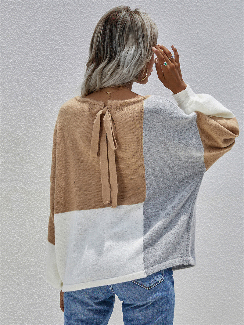Solid Color Knitted Stitching Sweater With Lace Back